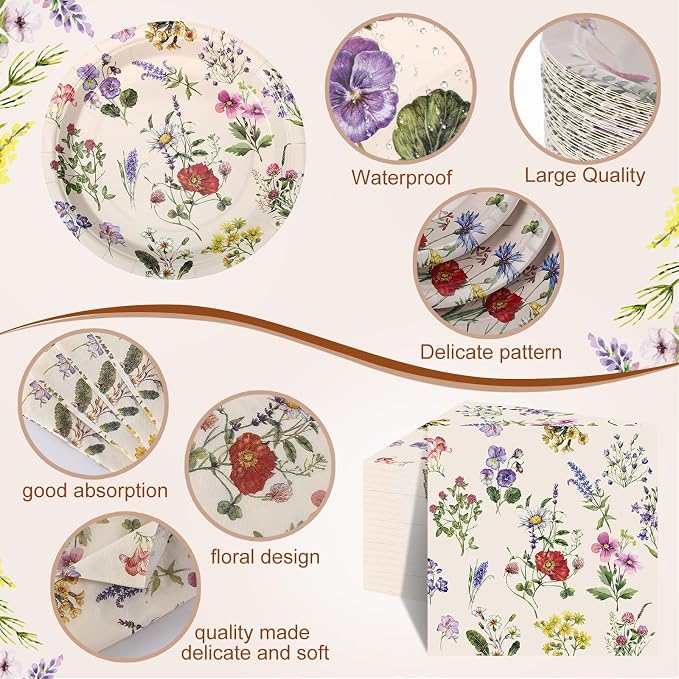 250 Pcs Wildflower Party Decorations Include Spring Summer Floral Paper Plates - Image 3
