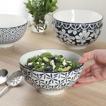 Gibson Home Castle Way 4-Piece Serving Bowl Set, 8 Inch Round Stoneware Bowls, Blue & White Assorted Pattern, Decorative Everyday Use