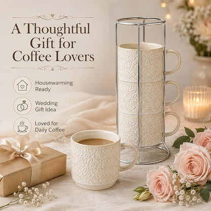 6 Oz Coffee Mugs with Stand, Stackable Ceramic Espresso Cups Set of 4, Embossed - Image 8