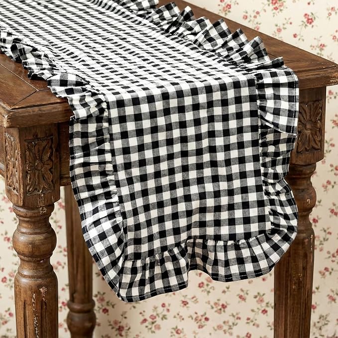HunnmingRe 1 Pc Gingham Table Runner White and Black, 118 X 13.8 Inch | Cotton - Image 9