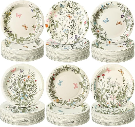 60 Pcs 7 Inch Vintage Wildflower Paper Plates Retro Flower Plant Herb Decorations Tableware Butterfly Dinnerware Decoration for Spring Summer Garden Home Picnic Decoration Supplies