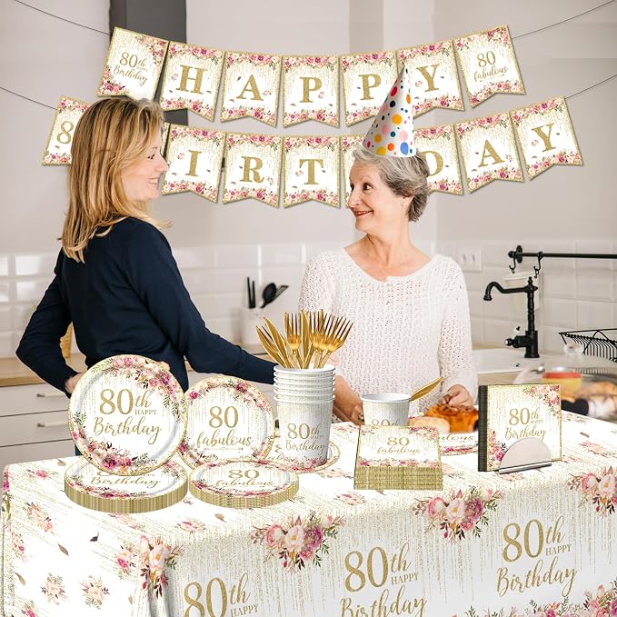 80th Birthday Party Tableware, Tablecloth, 80 and Fabulous Banner, 80th - Image 2
