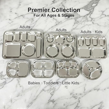 Korean Stainless Steel Divided Plates for Toddlers, Kids, Babies, 8-Inch, Premium 304, Electro-Polished, No Black Residue, BPA-Free, Round 3-Compartment Food Tray, Camping, Diet Control, Set of 2