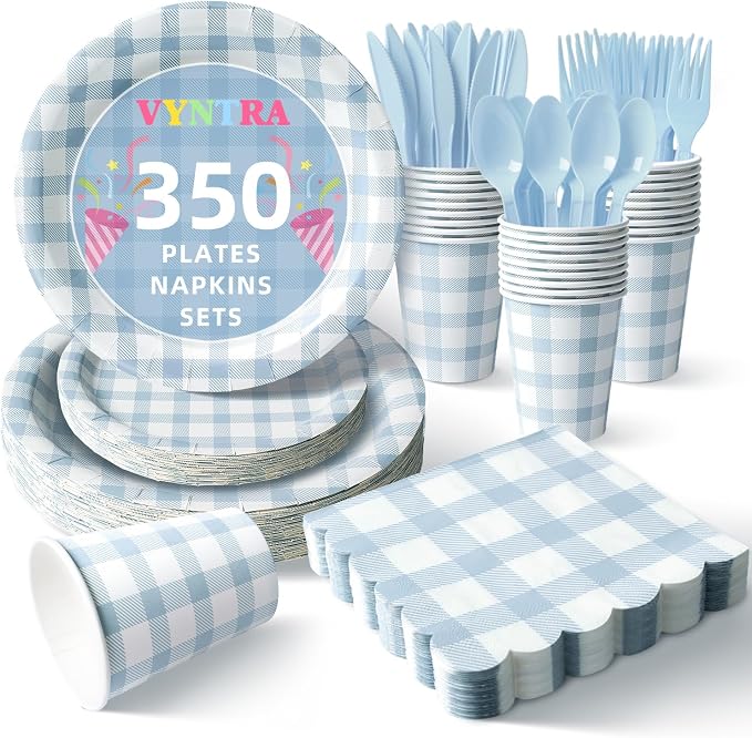 Vyntra 350 Pcs Blue Gingham Paper Plates and Napkins Set by PartyTablewareSupplies