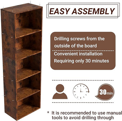 Wooden 5 Cube Storage Organizer, Vintage Brown 5 Tier Bookcase Bookshelf Freestanding Storage Display Organizer,Versatile Cubes Shelf and Cubby Unit for Living Room, Home Office, Dinning Room 15.7inch