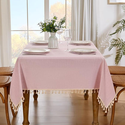 JIALE Valentines Textured Tablecloth, Heavy Duty Linen Style Farmhouse Table Cloth Rectangle Table, Wrinkle-Free Washable Waterproof Table Cover for Kitchen, Dining, Parties, 55"x120", Pink
