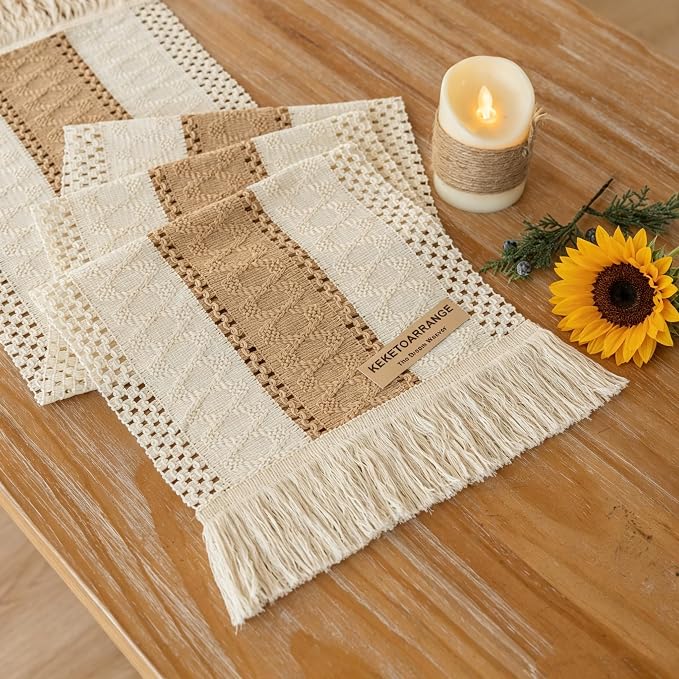 Keketoarrange Boho Macrame Table Runner 12x48 Inch | Woven Burlap Rustic Runner by KEKETOARRANGE