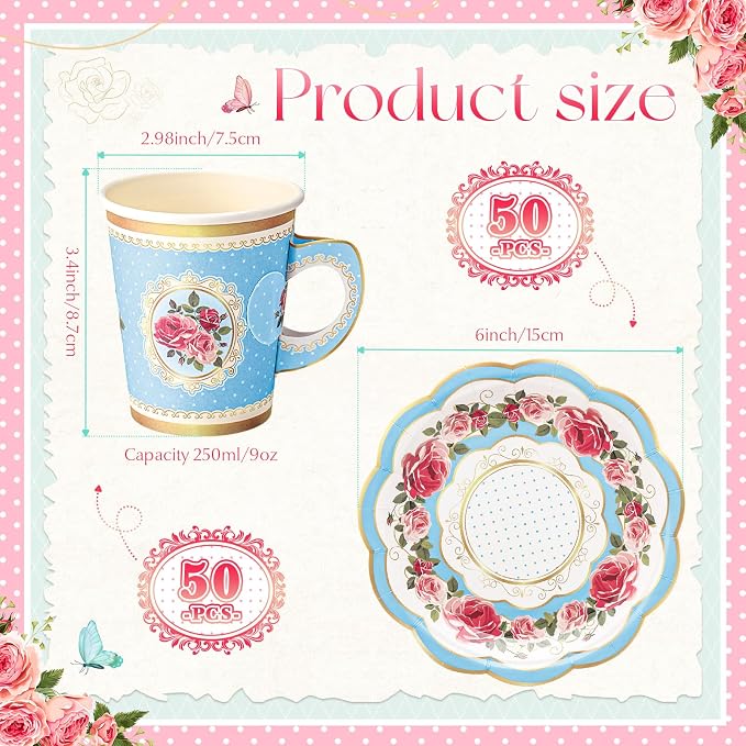 Tioncy 100 Pcs Tea Party Decorations Include 50 Pieces 9 oz Paper Tea Cups - Image 2