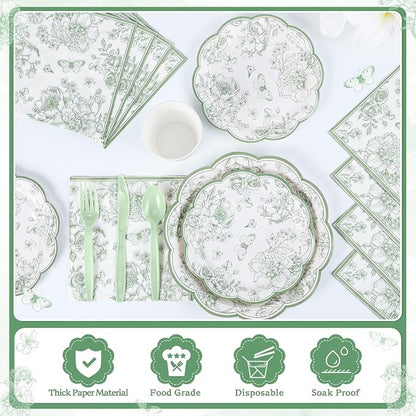 NatNarr 25Set Sage Green Floral Plates and Napkins Bridal Shower Dinnerware | - Image 6