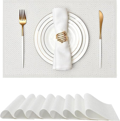 Leetaltree Luxury Crystal White Sequin Placemats Set of 8 - Waterproof Washable for Wedding, Anniversary, Daily Use - Sparkling Table Decor - Hand-Cut
