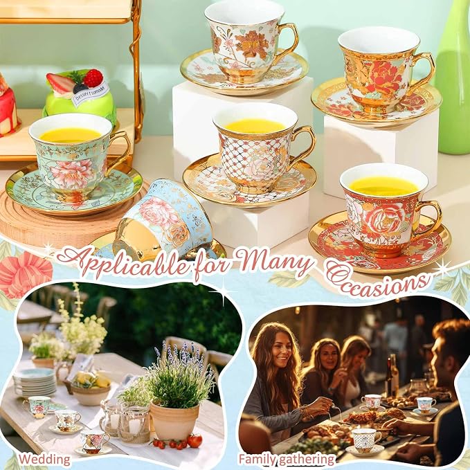 Teenyyou Set of 12 Tea Cups and Saucers Tea Party Decorations Floral Porcelain - Image 3