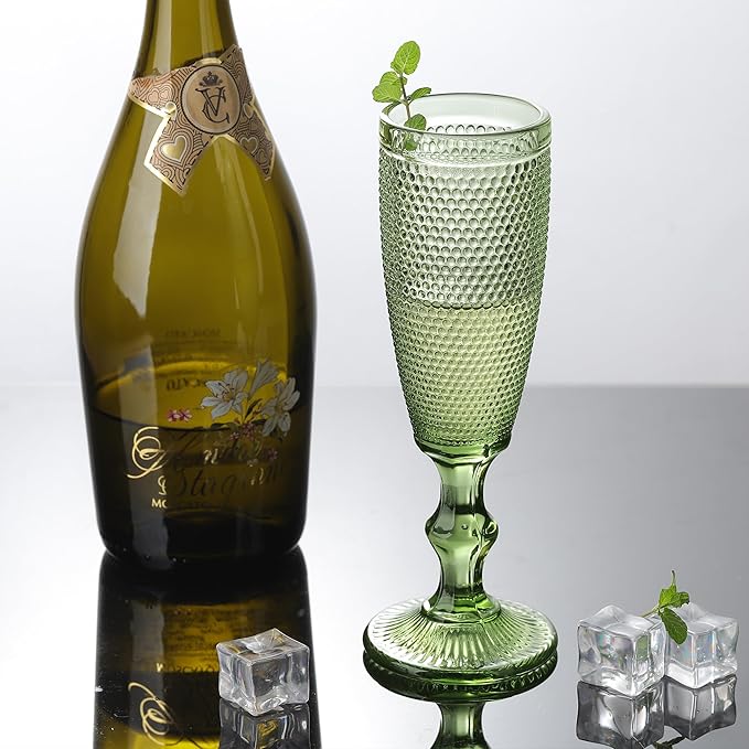 Joeyan Green Vintage Champagne Flutes Glasses Cups,Embossed Colored Toasting Goblet Glasses,Stemmed Hobnail Beaded Glassware for Wedding Anniversary Birthday Party,5 oz,Set of 4,Dishwasher Safe