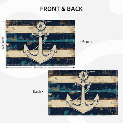 Nautical Placemats Set of 6, Coastal Anchor Place Mats, Rustic Beach Navy Blue Waterproof Washable Table Mats for Home Party Indoor Kitchen Dining Table Decoration 12x18 Inch