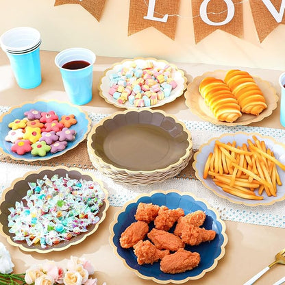 48 Pcs Blue Brown Paper Plates 9 Inch Gradient Scalloped Paper Plates Disposable Dinner Dessert for Birthday Wedding Bridal Party Supplies, 6 Colors