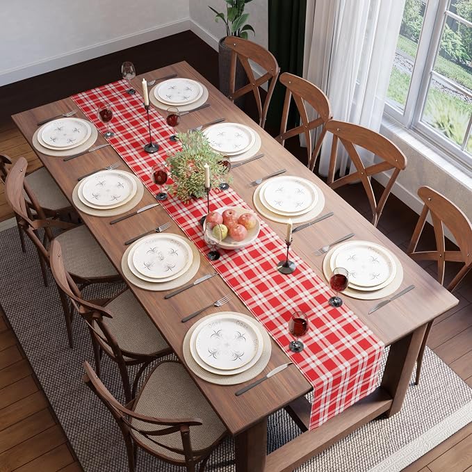 Encasa XO Table Runner, Woven Cotton Dining Runner 13"x94" | Franca Red Checks - Image 5