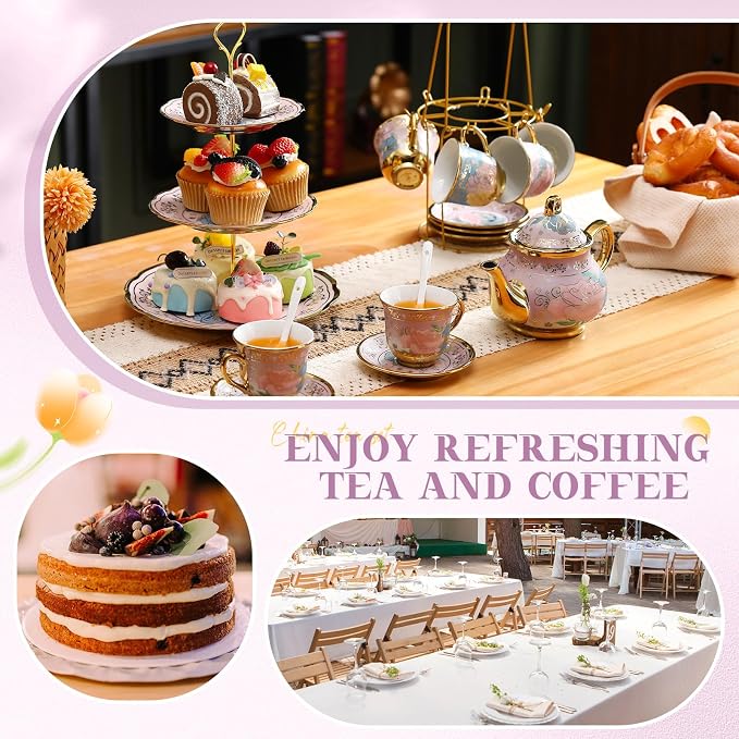 21 Pcs Ceramic Teapot Set Vintage Porcelain Tea Cups - Image 3