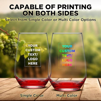 DISCOUNT PROMOS 10 Vaso Silicia Stemless Wine Glasses Set, 16 oz. - Personalized Text, Logo - Clear, Orb-Like, Thick base - Red