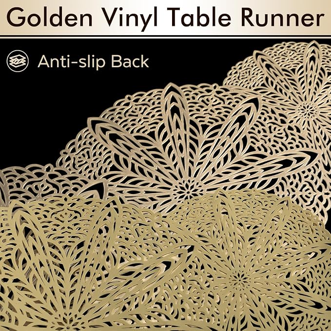 FAVE Gold Small Table Runner 36 Inch Dresser Vinyl Runner | Heat Resistant - Image 2