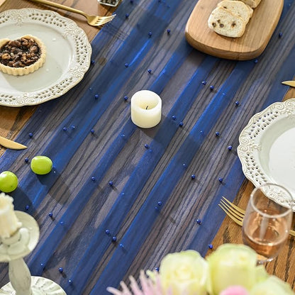 Artoid Mode Pearl Light Bule Gauze Table Runner 120 Inch, Seasonal Sheer Dining Holiday Wedding Birthday Baby Shower Table Decor for Home Party