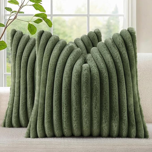 decorUhome Cozy Faux Fur Spring Throw Pillow Covers 20x20 Set of 2 Decorative Soft Plush Striped Modern Farmhouse Boho Couch Pillow Cases with Velvet Back for Sofa Bed Living Room, Olive Green