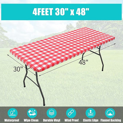 Smiry Rectangle Picnic Table Cloth, Elastic Waterproof Fitted Vinyl Tablecloths, Flannel Backed Buffalo Plaid Table Covers for Dining, Camping, Outdoor (White and Red, 30" x 48")