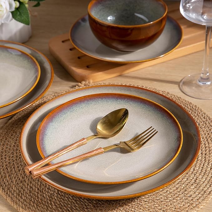 LERATIO Ceramic Dinnerware Sets for 4, Coupe Plates and Bowls Sets,Highly Chip and Crack Resistant | Dishwasher & Microwave & Oven Safe Dishes set,Reactive Glaze Dinnerware- Service for 4（12pcs）