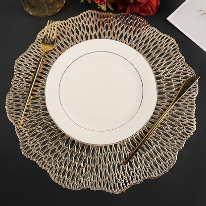 Placemats Set of 6, Round Placemats Gold 15 Inch Washable Vinyl Place Mats Dining Table Mats for Anniversary Wedding Party Kitchen Decorations