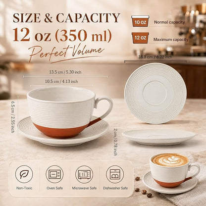 12 Oz Cappuccino Cups with Saucers, Coffee Cups Set of 4, Ceramic Tea Cup and - Image 3