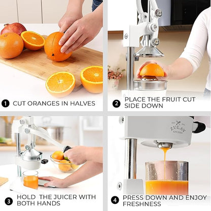 Zulay Kitchen Cast Iron Juicer - Easy-to-Clean Heavy-Duty Manual Juicer, Professional Citrus Juicer - Stainless Steel Lemon Squeezer - Manual Citrus Press & Orange Squeezer - Orange Juicer – White