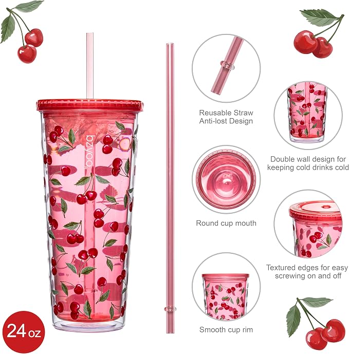 bzyoo 24oz Plastic Tumbler Cup, Lid & Straw, Iced Coffee Cherry Splash | Double - Image 2