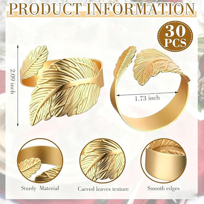 Gold Napkin Rings Set of 30, Gold Leaf Shape Napkin Rings for Table Setting Weddings, Anniversary, Birthday, Christmas, Fall, Halloween, Thanksgiving, Party of Table Setting