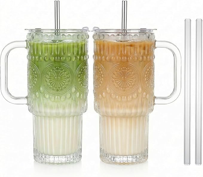 Thick Romantic Glass Cups with Lids and Straws, Vintage Leak Proof Retro Glass by Unknown