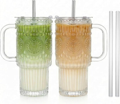 Thick Romantic Glass Cups with Lids and Straws, Vintage Leak Proof Retro Glass by Unknown