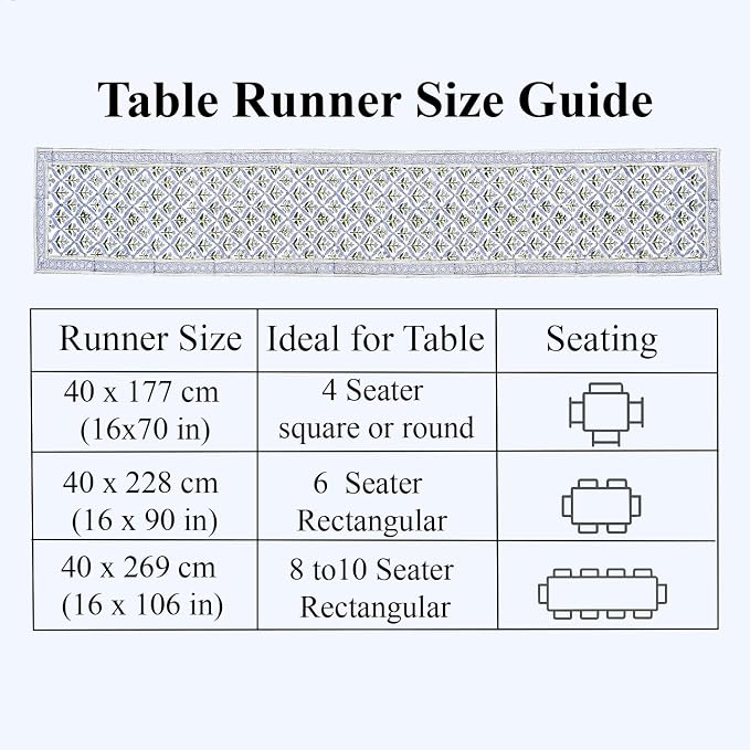 Light Steel Blue Hand Block Print 100% Cotton Table Runner 16x90 Inch | Perfect - Image 4