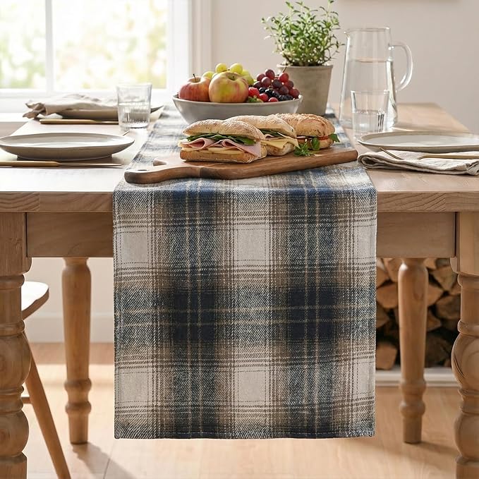 Artoid Mode Dark Blue Brown Farmhouse Plaid Table Runner, Winter Rustic Holiday - Image 2
