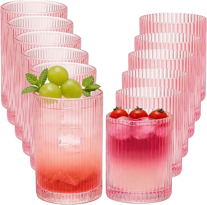 14 oz & 18 oz Ribbed Drinking Glasses Set of 12, Vintage Iced Coffee Cups by XKXKKE