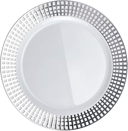 OCCASIONS 120 Plates Pack,(60 Guests) Premium Wedding Party Disposable Plastic Plates Set -60 x 10.25'' Dinner + 60 x 7.5'' Salad/Dessert (Princess White/Silver)