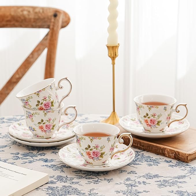 Agyiuns tea cups and saucers ceramic coffee mug 6oz set of 4 - Image 8