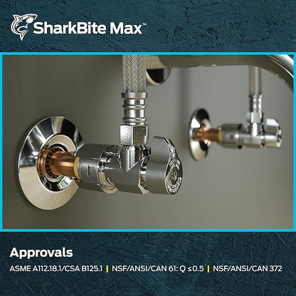 SharkBite Max 1/2 x 3/8 Inch Compression Angle Stop Valve, Quarter Turn, Push to Connect Brass Plumbing Fitting, PEX Pipe, Copper, CPVC, PE-RT, HDPE, UR23036
