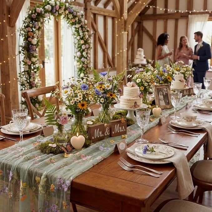 Sage Green Floral Table Runner 10ft Embroidery Tulle Spring Wildflower Table - Image 5