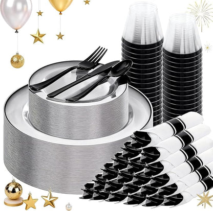 SUT 175 Pcs Black and Clear Plastic Dinnerware Set by SeeYouTomorrow