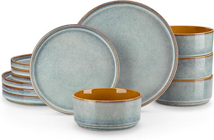 vancasso ONION Ceramic Plates and Bowls Sets, 12 Pieces Light Blue Dinnerware by vancasso