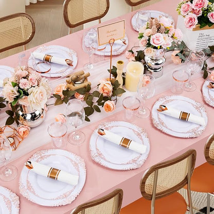 Hioasis 350pcs Rose Gold Plastic Plates - Elegant Disposable Dinnerware Set Suitable for 50 Guests Include 10.25" Dinner & 7.5" Dessert Plates, Pre Rolled Silverware Set, Cups for Party & Thanksgiving