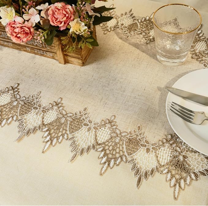 Phantomon Neutral Linen Table Runner 36 Inches Beige Embroidered Runner Lace - Image 3