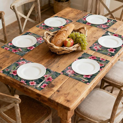 Pink Flamingo Placemats Set of 6, Tropical Palm Leaves Waterproof Linen Fabric, Non-Slip Backing & Easy Clean, Elegant Dining Table Placemats for Family and Guests