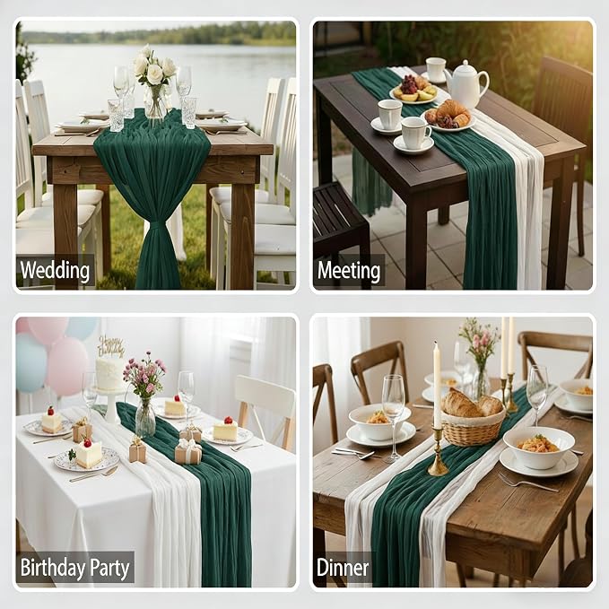 Cheesecloth Table Runner 2 Pack White and Dark Green, Boho Gauze Table Runner - Image 6