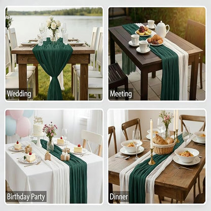 Cheesecloth Table Runner 2 Pack White and Dark Green, Boho Gauze Table Runner - Image 6