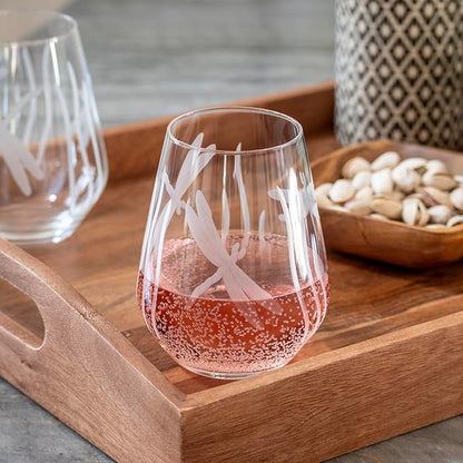 Rolf Glass Dragonfly Stemless Wine Glass 18oz - Tumbler Wine Glasses Set of 2 – Made in the USA - Etched Stemless Wine Glasses -(Set of 2)
