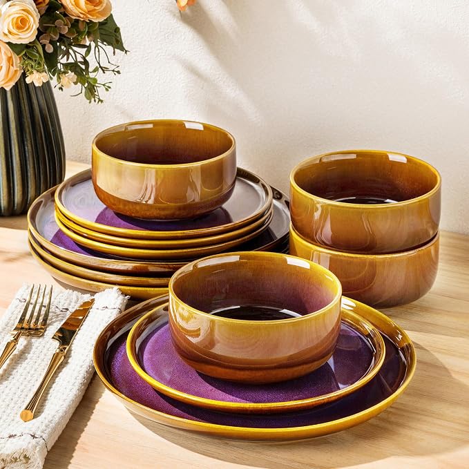 Ceramic Dinnerware Set for 4, 12-Piece Plates and Bowls Set | Handmade Reactive by TheTerra