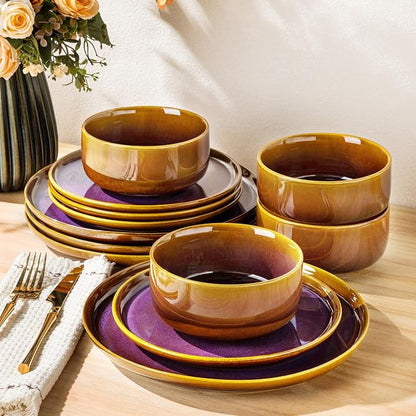 Ceramic Dinnerware Set for 4, 12-Piece Plates and Bowls Set | Handmade Reactive by TheTerra